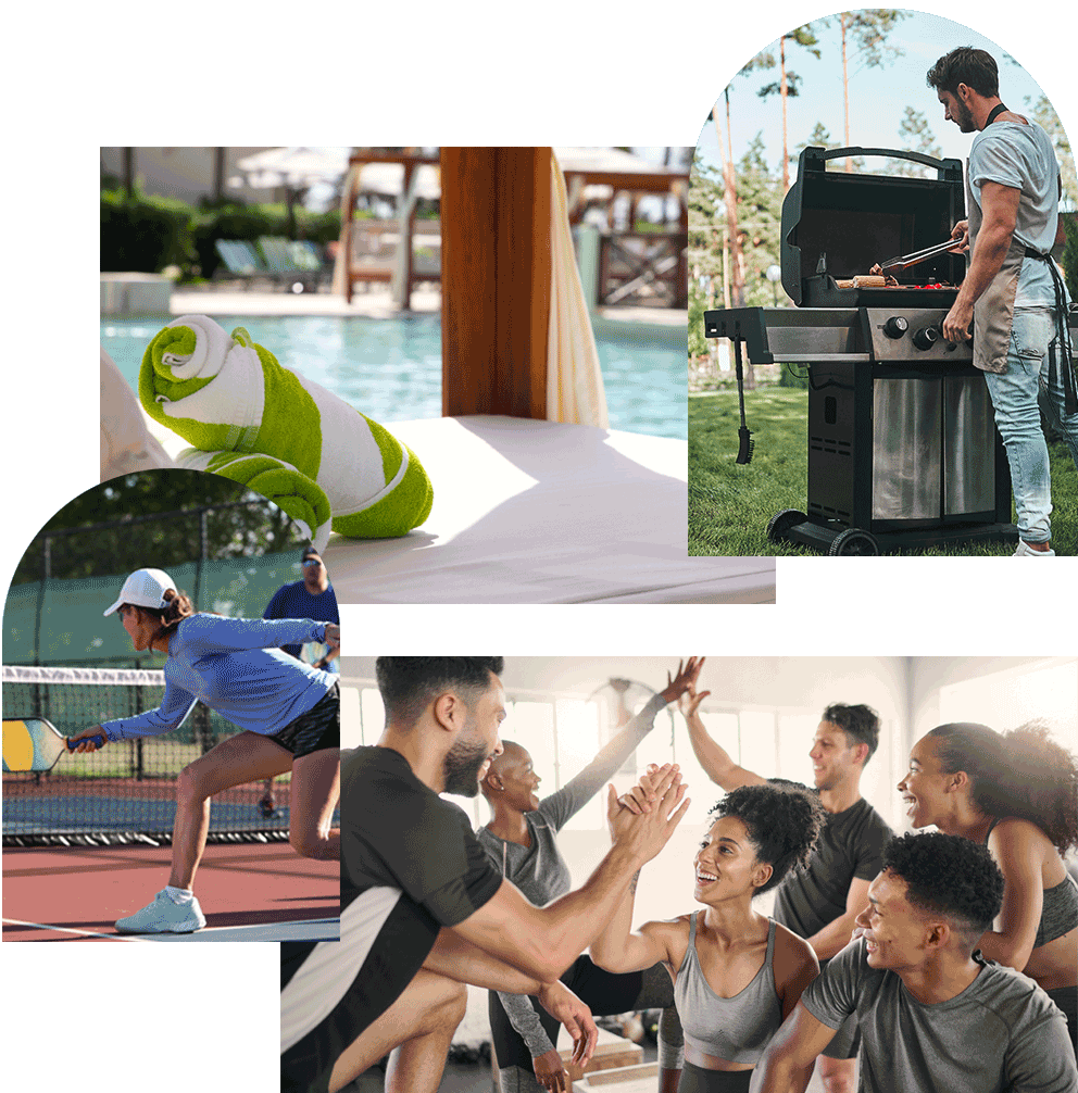 Collage of pictures with man grilling, workout group high fiving, woman playing tennis, and pool